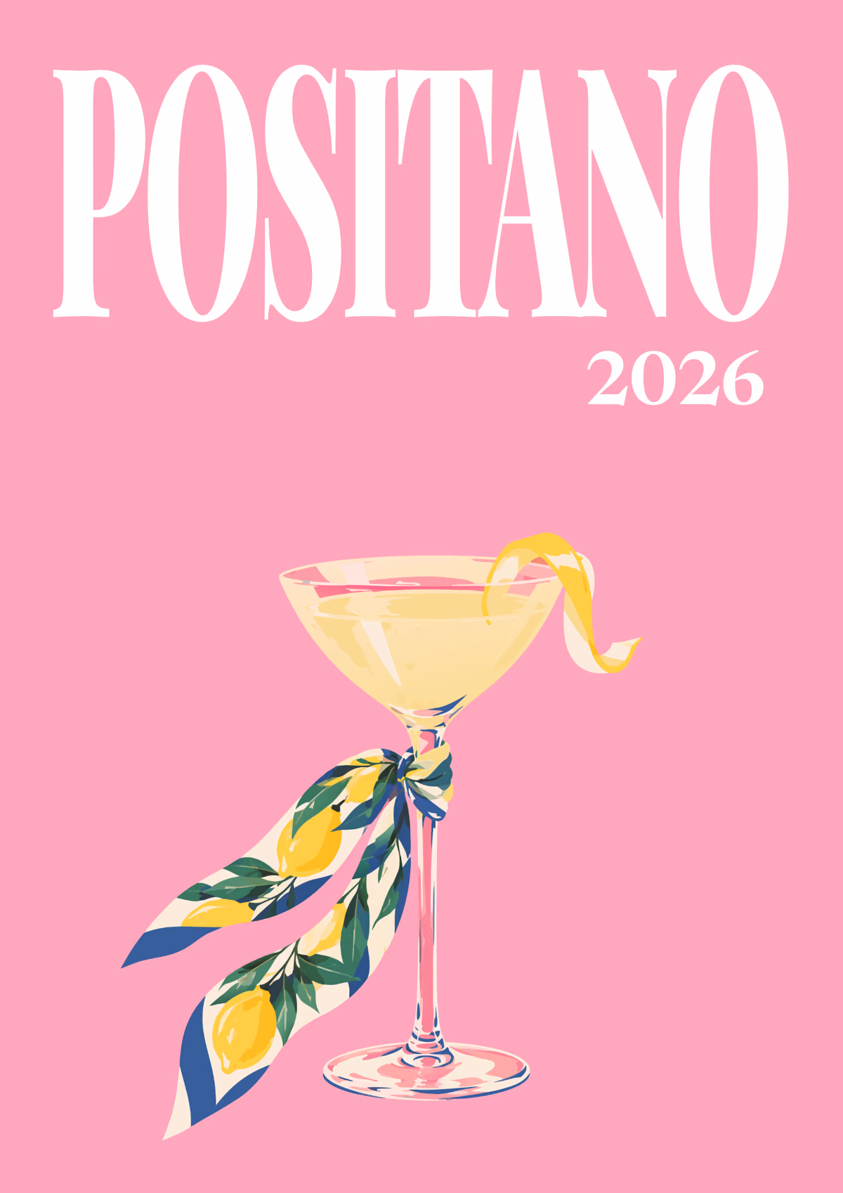 Positano illustrated Italy travel photo book cover with a martini glass tied with a lemon-print scarf on pink