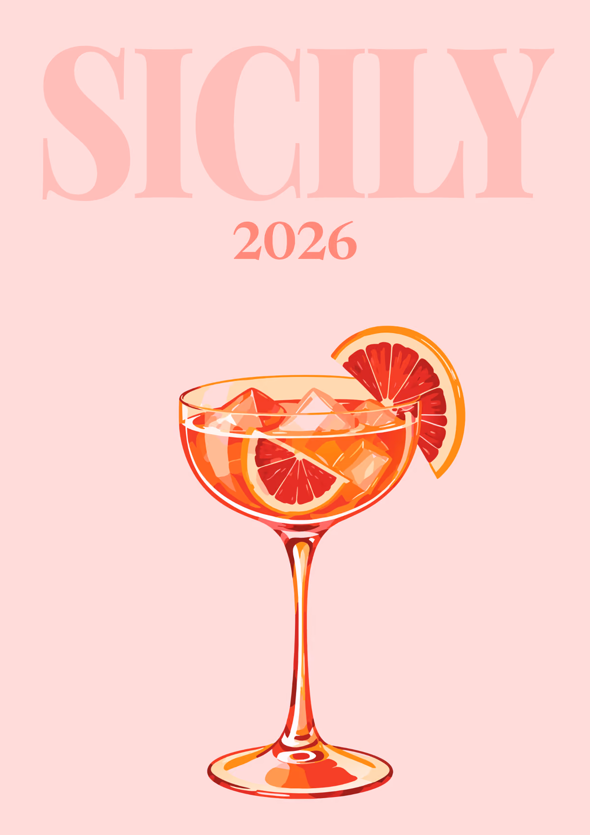 Sicily illustrated Italy travel photo book cover with a blood orange spritz on pale pink