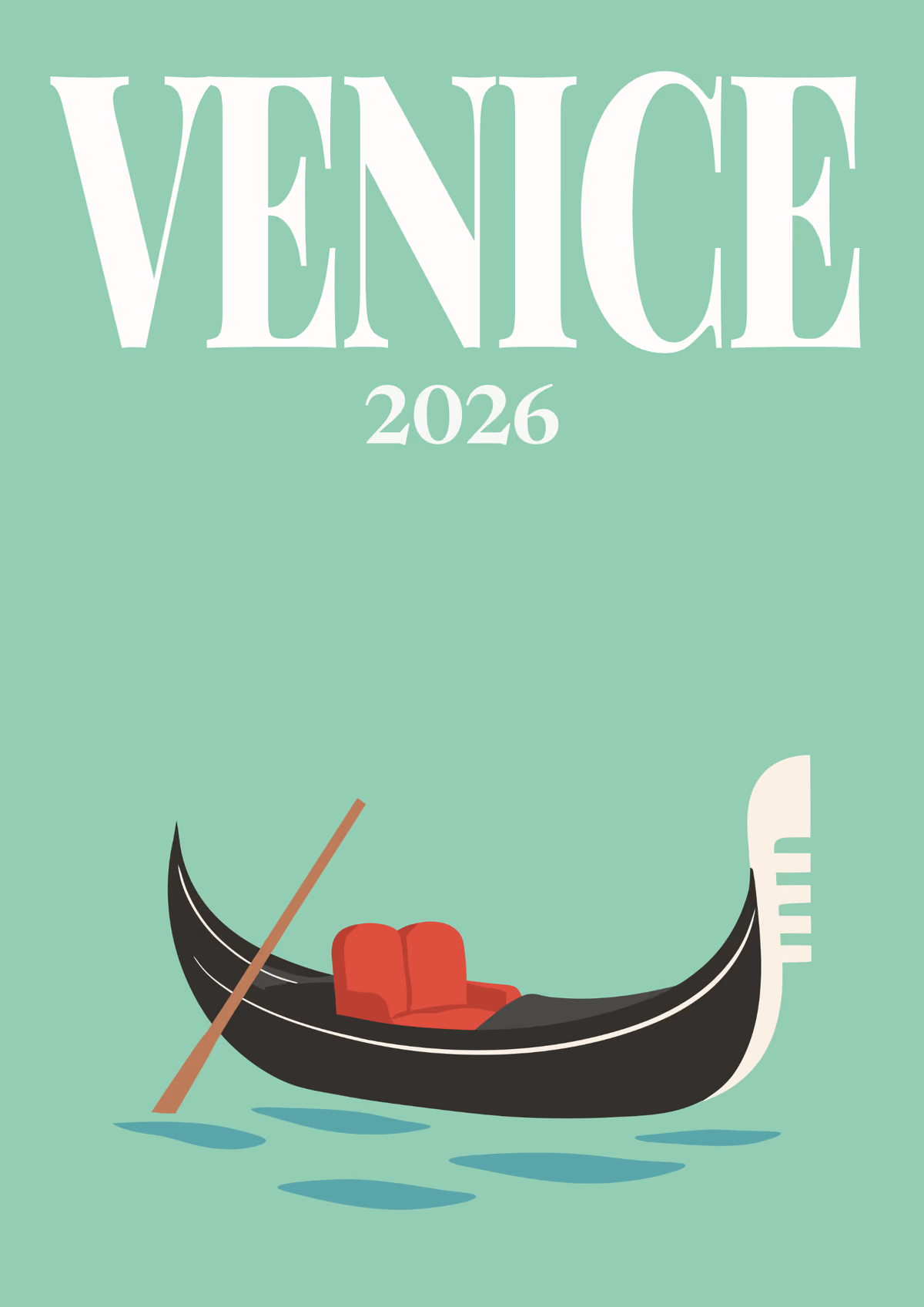Venice illustrated Italy travel photo book cover with a gondola on the lagoon on mint green