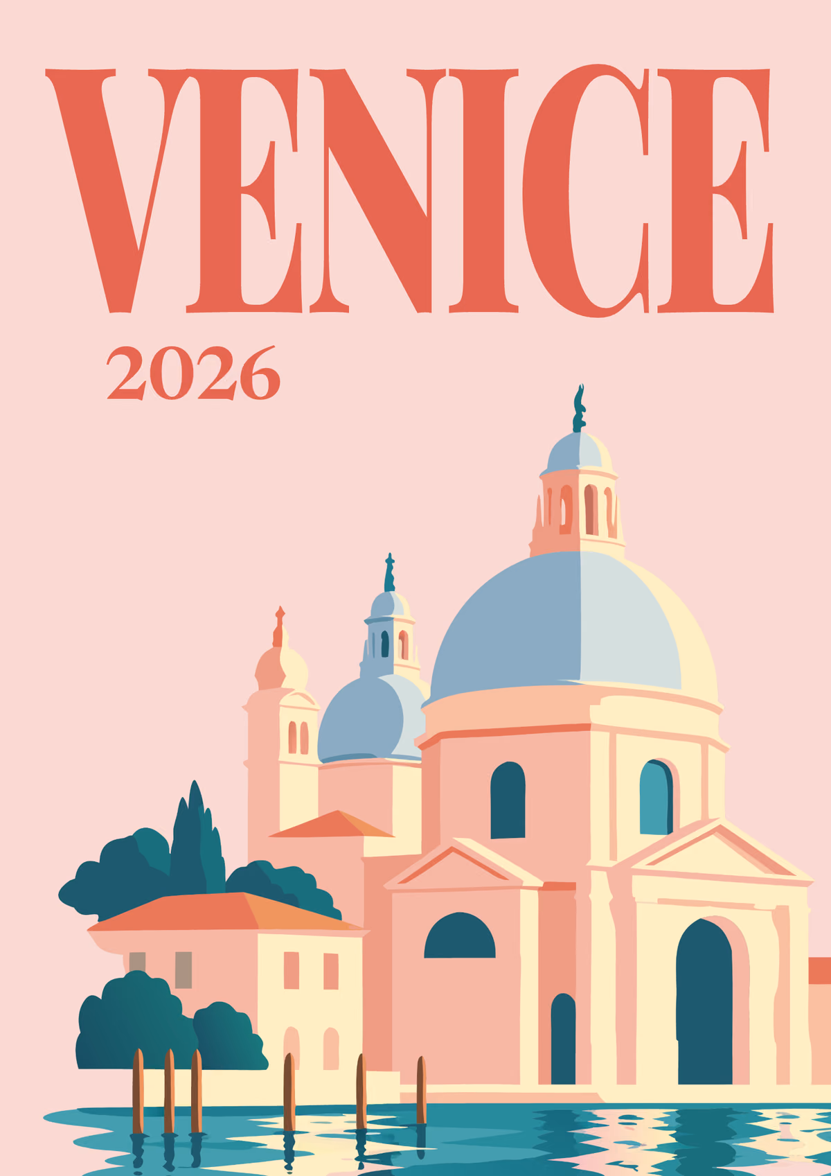 Venice illustrated Italy travel photo book cover with Santa Maria della Salute on blush pink