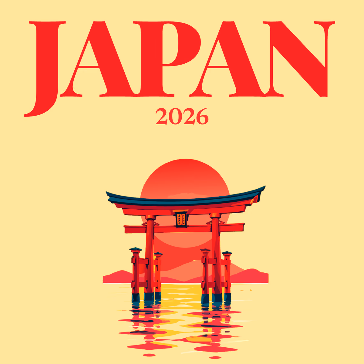 Japan illustrated square photo book cover with a torii gate in the water at sunset on pale yellow