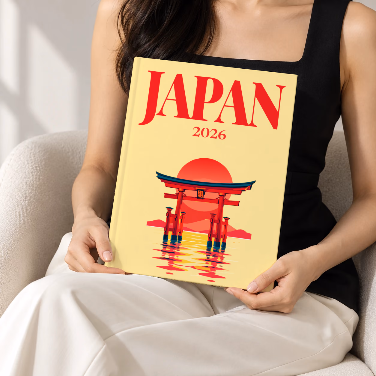 Japan hardcover photo book with the illustrated cover of a torii gate in the water at sunset on pale yellow, held upright in two hands by a woman in a black top, sitting in a cream boucle armchair