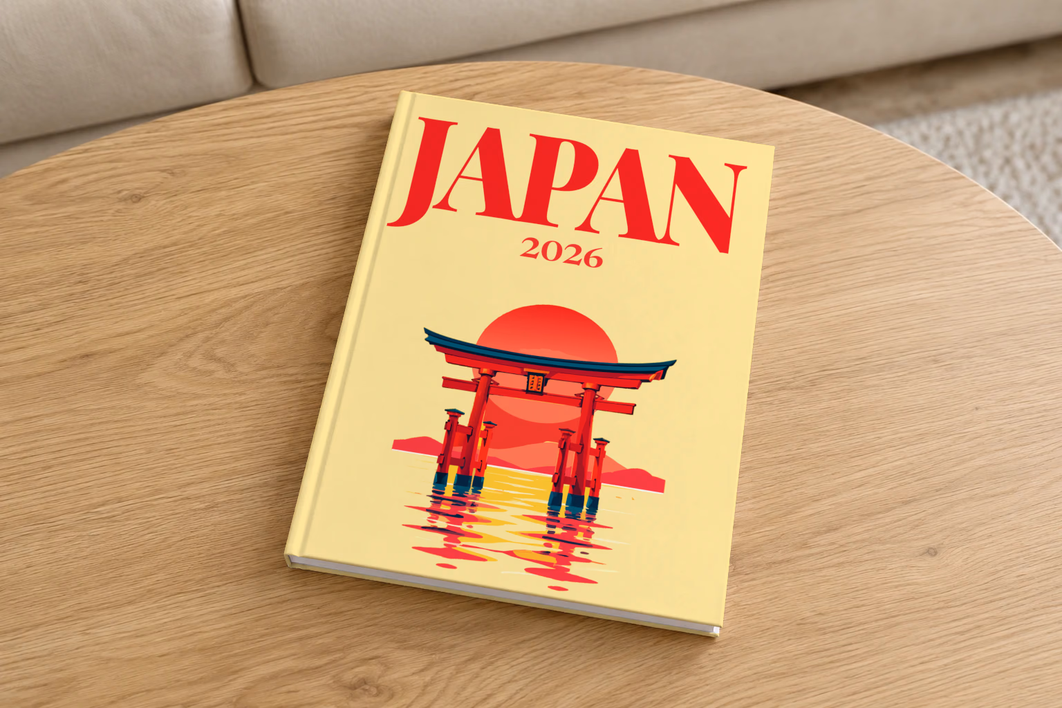 Japan hardcover photo book with the illustrated cover of a torii gate in the water at sunset on pale yellow, on a round oak coffee table in a bright living room