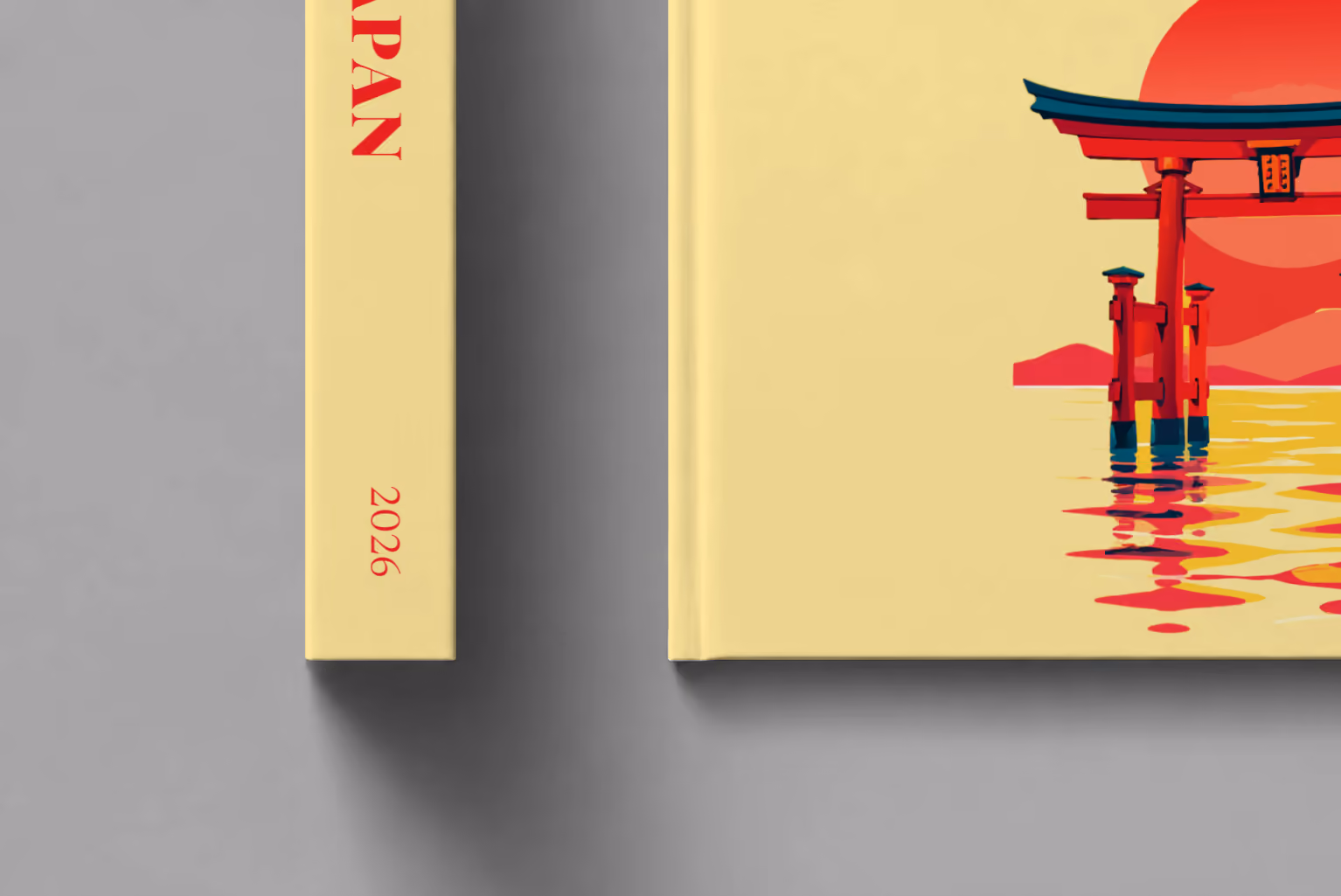 Japan hardcover photo book with the illustrated cover of a torii gate in the water at sunset on pale yellow, shown close up beside its spine on a pale grey studio surface