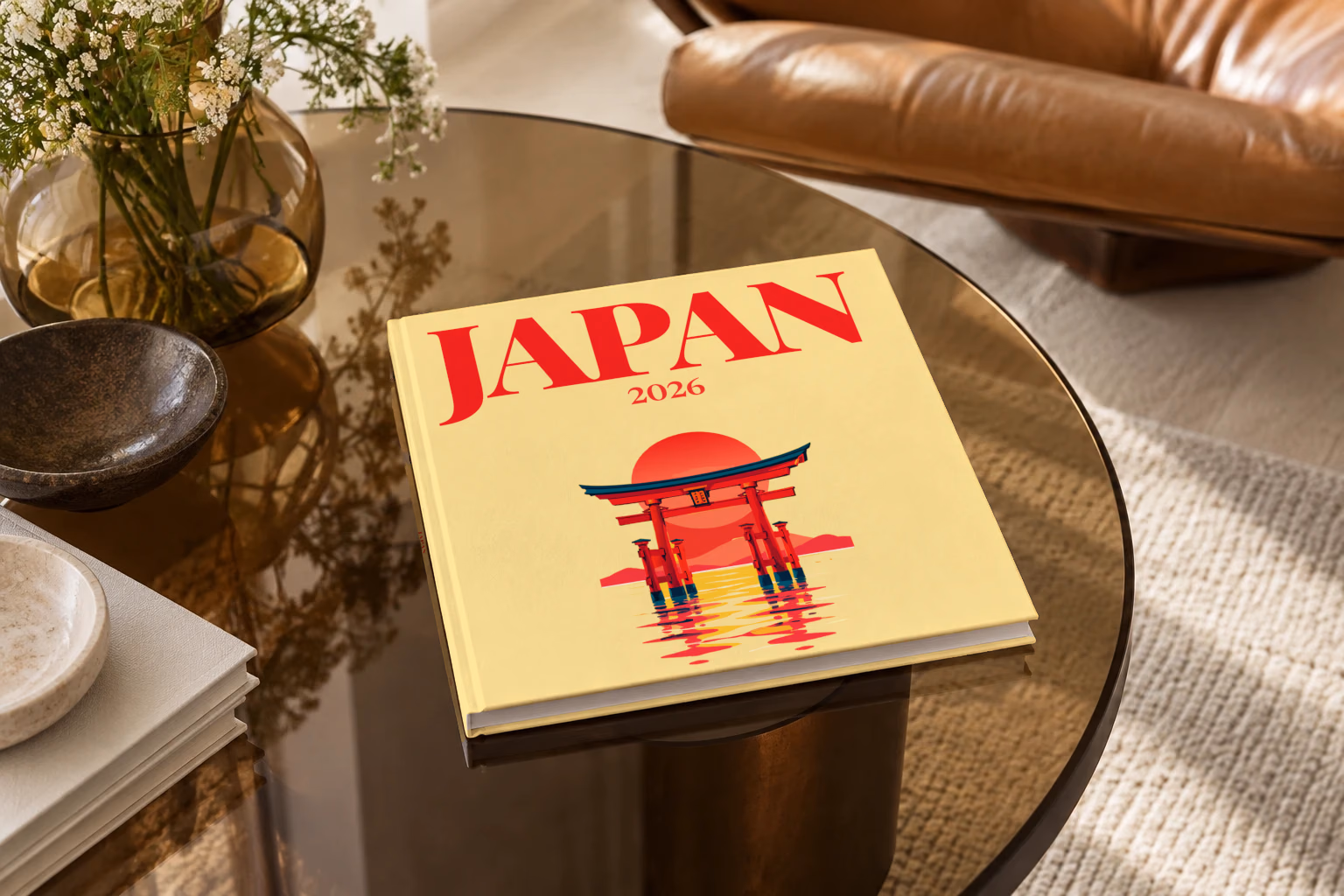 Japan square hardcover photo book with the illustrated cover of a torii gate in the water at sunset on pale yellow, on a smoked glass coffee table beside a leather armchair in warm afternoon light