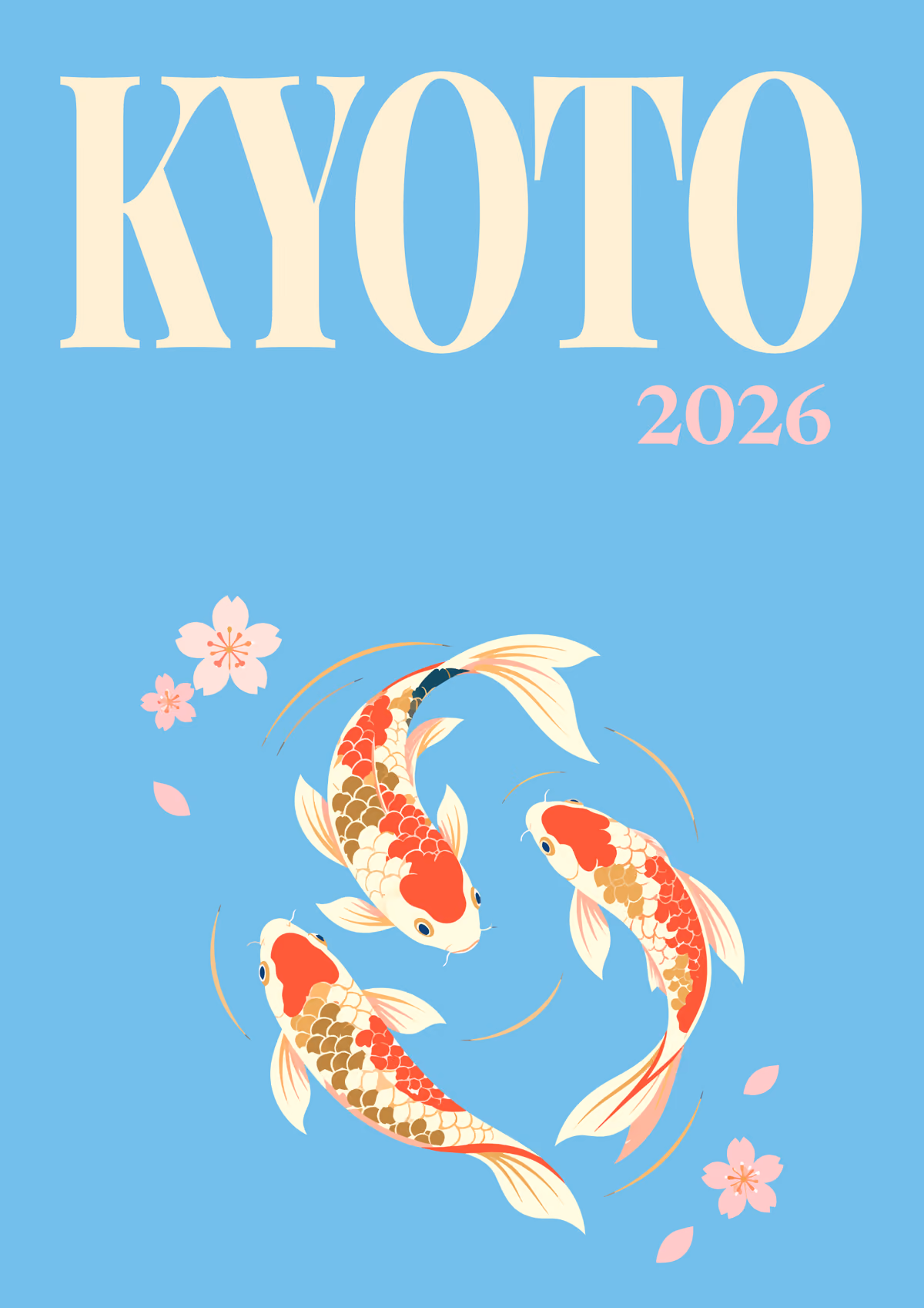 Kyoto illustrated Japan travel photo book cover with koi and cherry blossom on sky blue