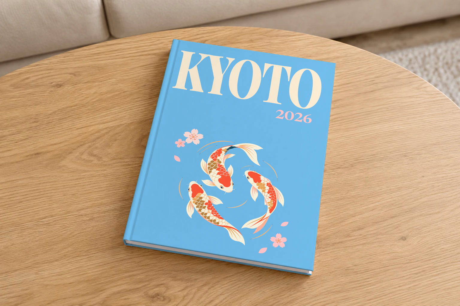 Japan hardcover photo book with the Kyoto illustrated cover of koi and cherry blossom on sky blue, on a round oak coffee table in a bright living room