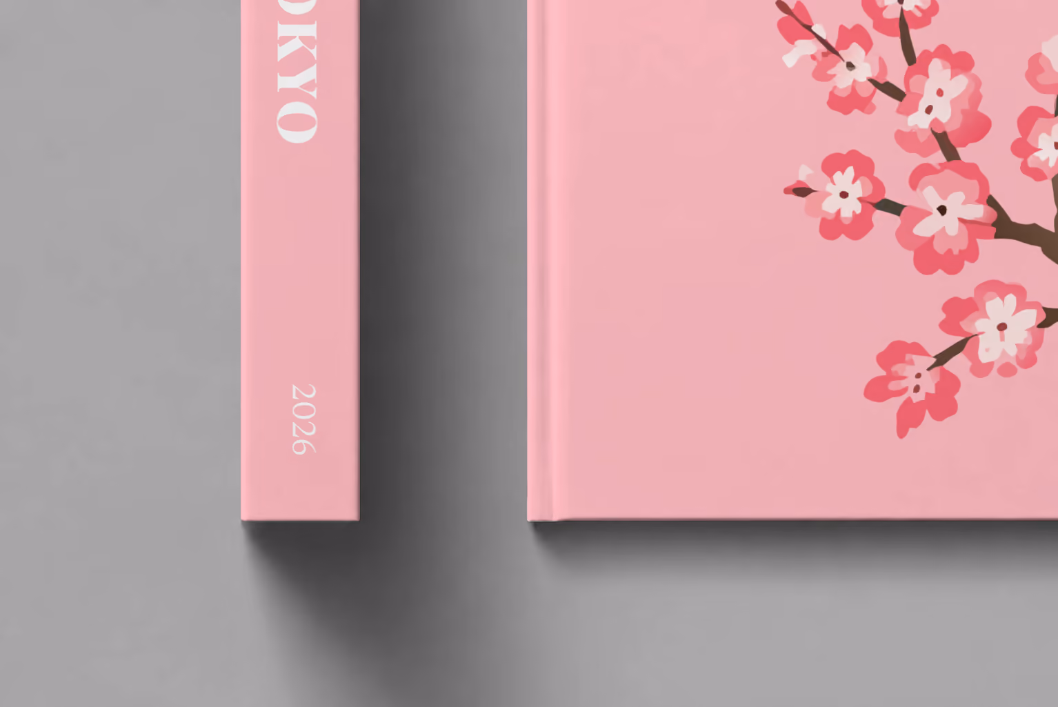 Japan hardcover photo book with the Tokyo illustrated cover of a cherry blossom branch on pink, shown close up beside its spine on a pale grey studio surface