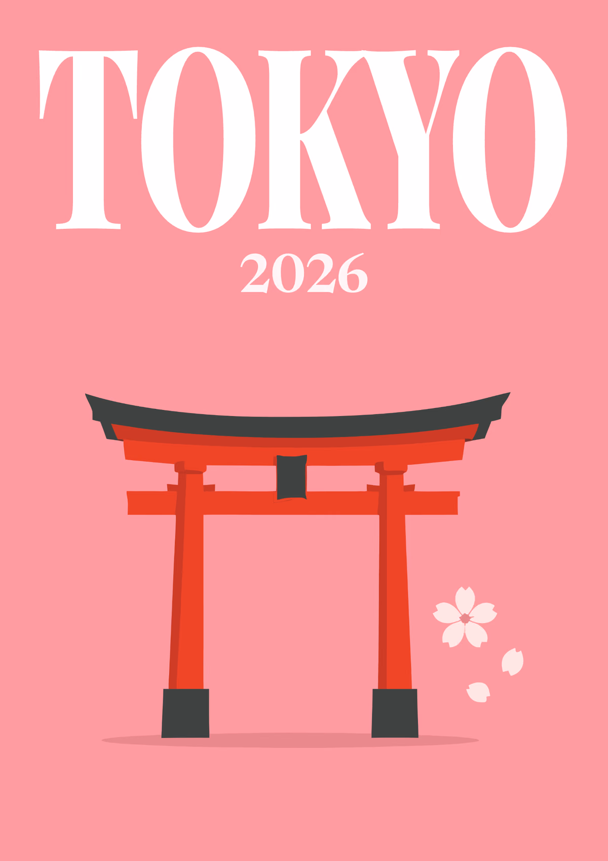 Tokyo illustrated Japan travel photo book cover with a red torii gate and petals on pink