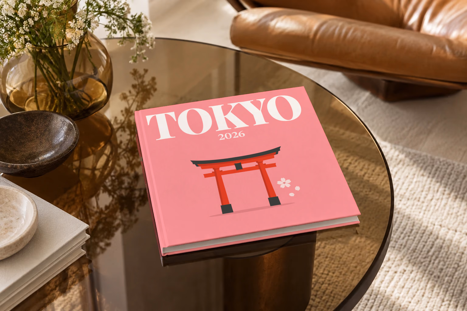 Japan square hardcover photo book with the Tokyo illustrated cover of a red torii gate and petals on pink, on a smoked glass coffee table beside a leather armchair in warm afternoon light