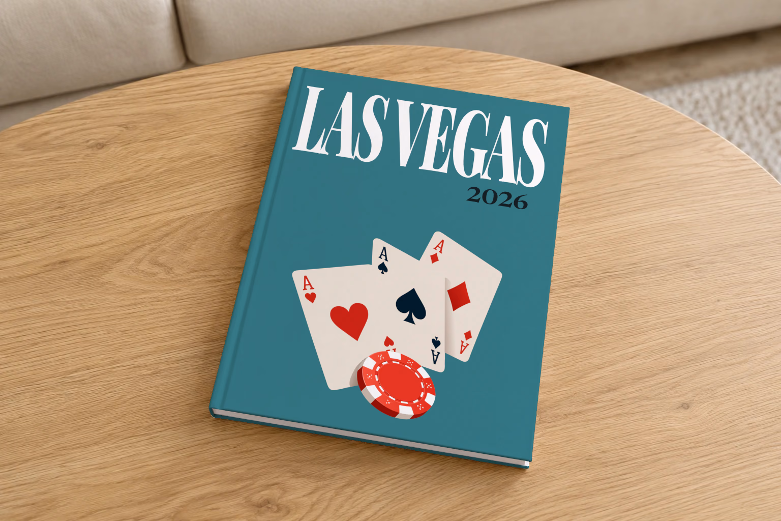 Las Vegas hardcover photo book with the illustrated cover of playing card aces and a red casino chip on teal, on a round oak coffee table in a bright living room