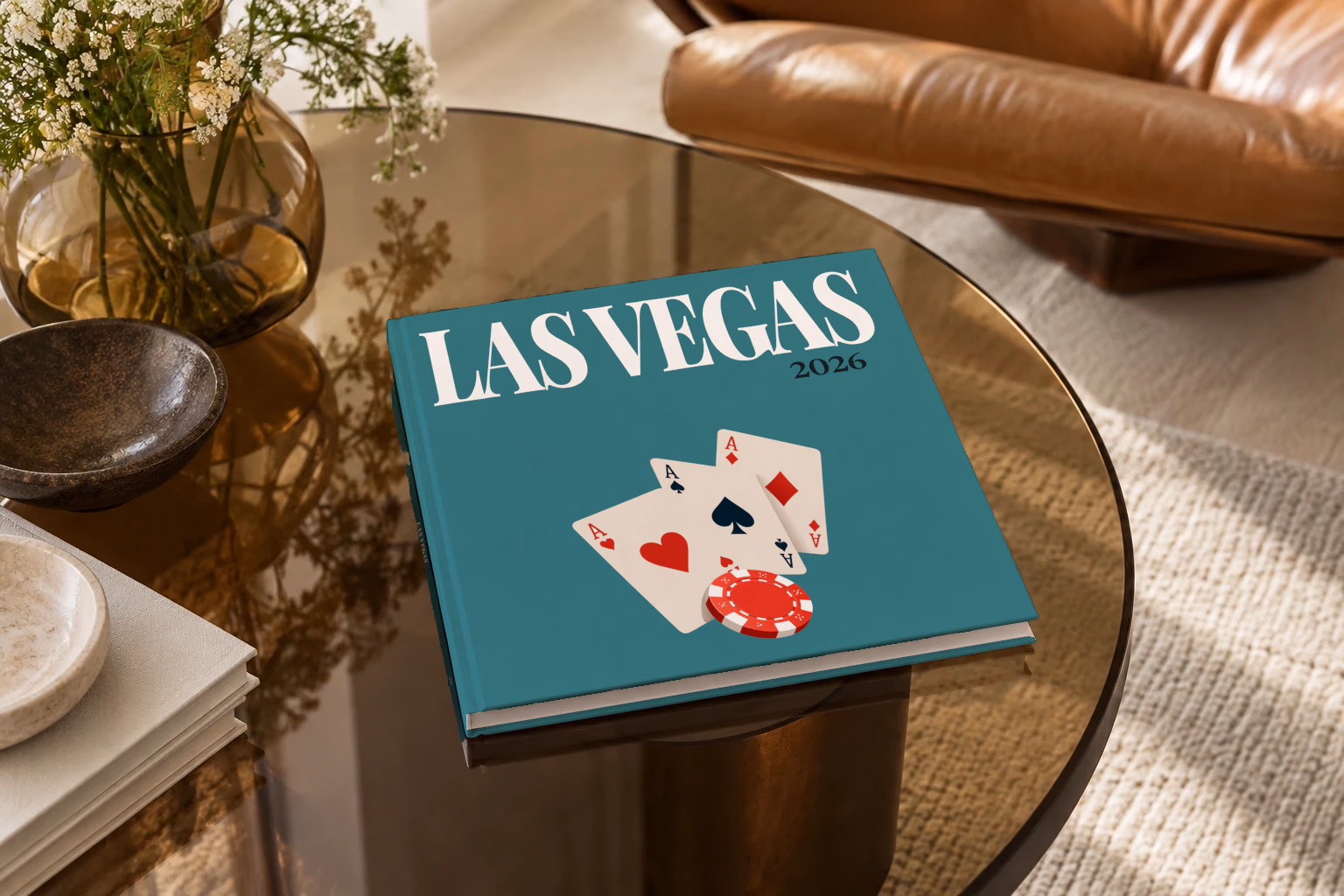 Las Vegas square hardcover photo book with the illustrated cover of playing card aces and a red casino chip on teal, on a smoked glass coffee table beside a leather armchair in warm afternoon light