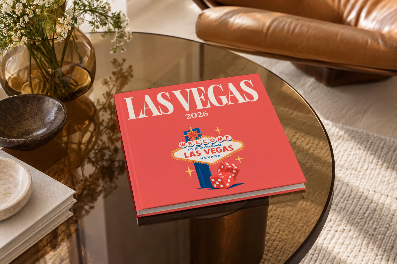 Las Vegas square hardcover photo book with the illustrated cover of the Welcome to Fabulous Las Vegas sign and red dice on red, on a smoked glass coffee table beside a leather armchair in warm afternoon light