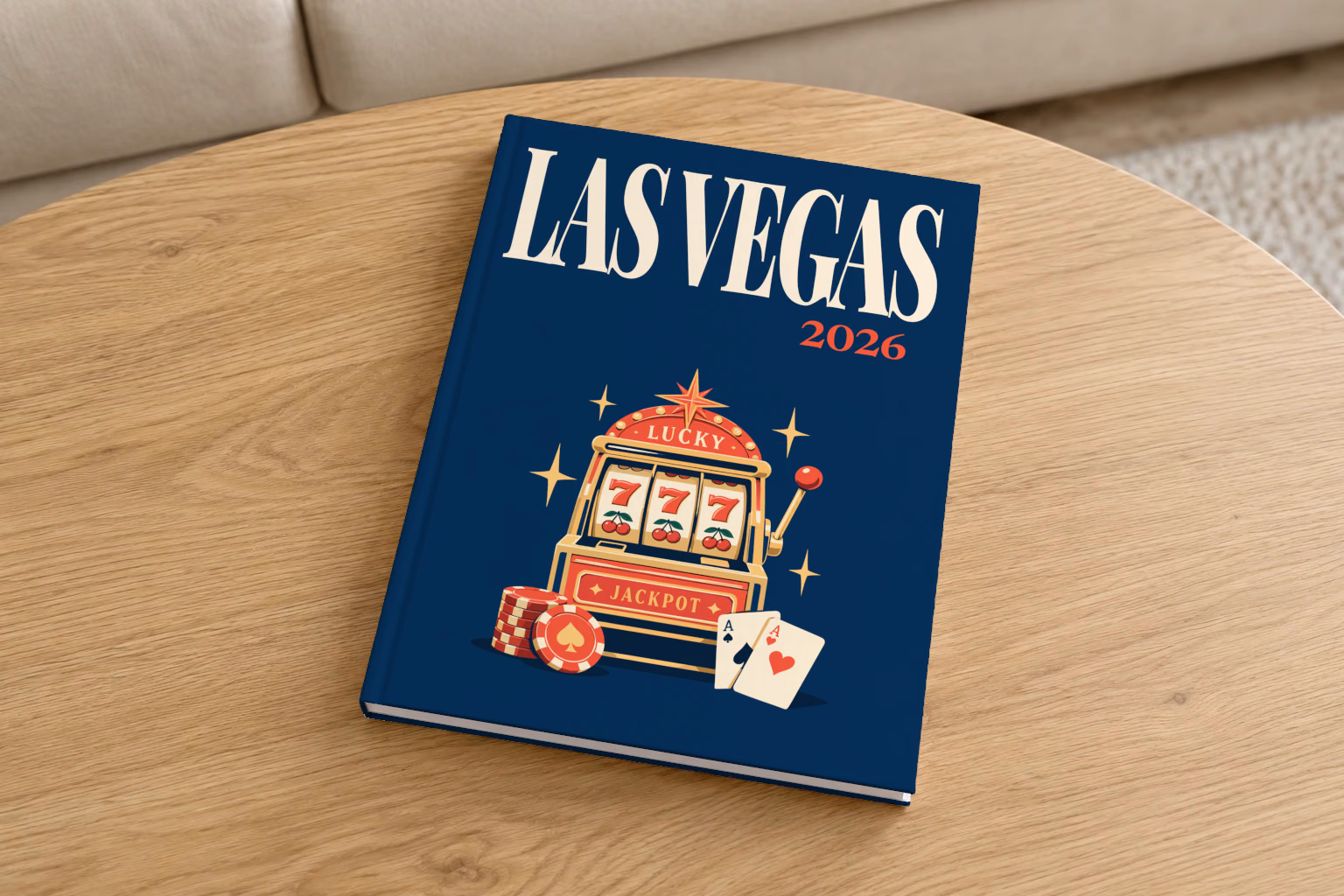 Las Vegas hardcover photo book with the illustrated cover of a lucky 777 jackpot slot machine with casino chips and cards on navy, on a round oak coffee table in a bright living room