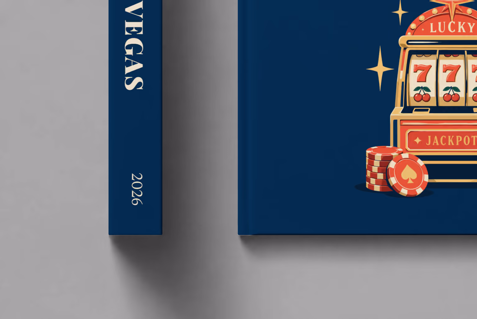 Las Vegas hardcover photo book with the illustrated cover of a lucky 777 jackpot slot machine with casino chips and cards on navy, shown close up beside its spine on a pale grey studio surface
