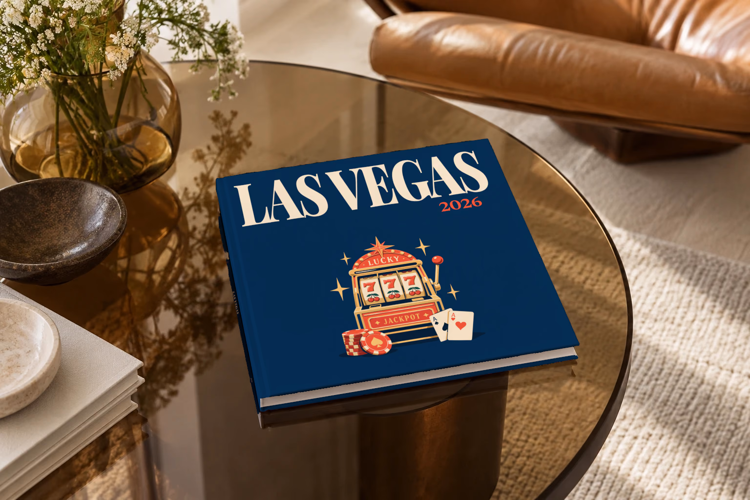 Las Vegas square hardcover photo book with the illustrated cover of a lucky 777 jackpot slot machine with casino chips and cards on navy, on a smoked glass coffee table beside a leather armchair in warm afternoon light