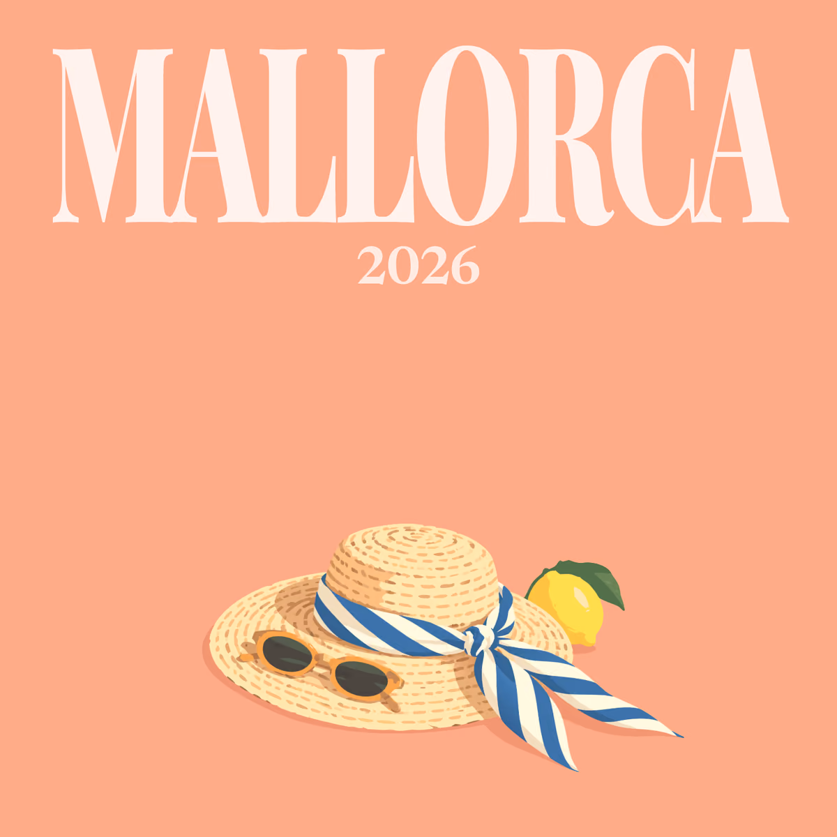 Mallorca illustrated square photo book cover with a straw hat with a striped scarf and a lemon on peach