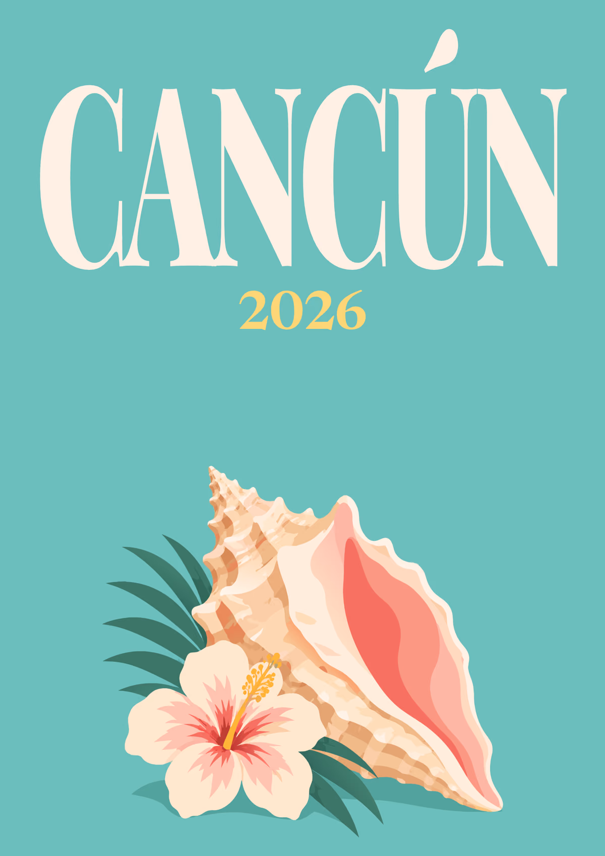 Cancún illustrated Mexico travel photo book cover with a conch shell and hibiscus on teal
