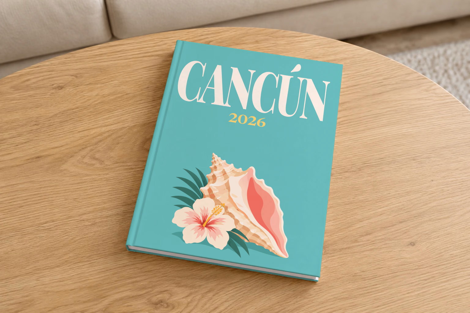 Mexico hardcover photo book with the Cancún illustrated cover of a conch shell and hibiscus on teal, on a round oak coffee table in a bright living room