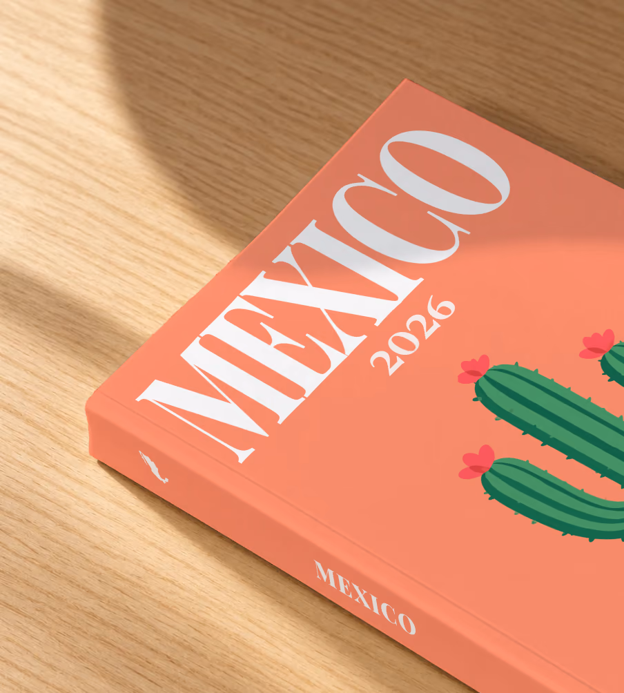 Mexico softcover photo book with the illustrated cover of a flowering cactus on coral, lying on an oak desk in dappled afternoon sunlight