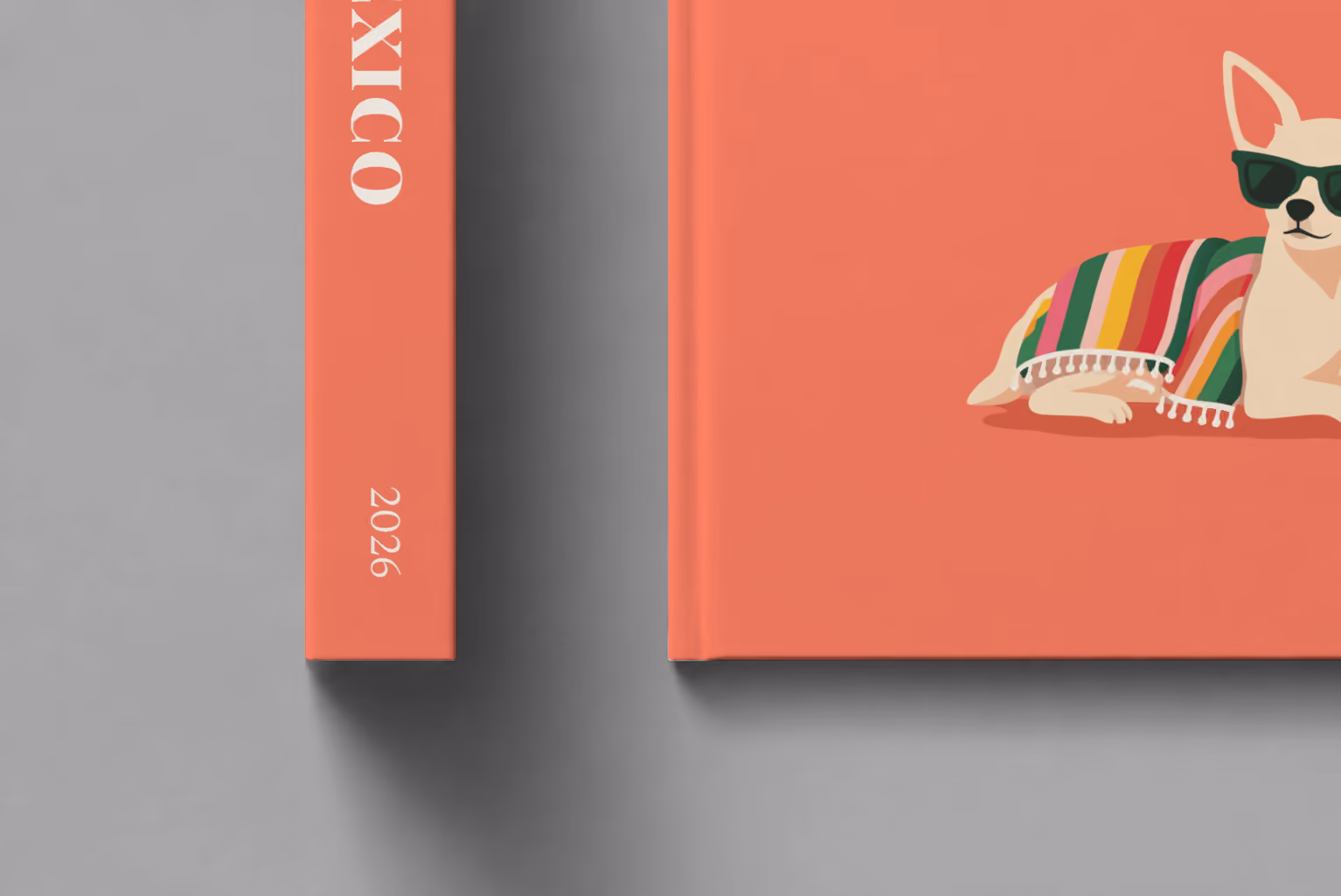 Mexico hardcover photo book with the illustrated cover of a chihuahua in sunglasses with a margarita on coral, shown close up beside its spine on a pale grey studio surface