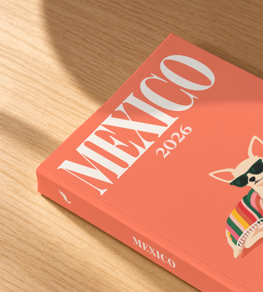 Mexico softcover photo book with the illustrated cover of a chihuahua in sunglasses with a margarita on coral, lying on an oak desk in dappled afternoon sunlight