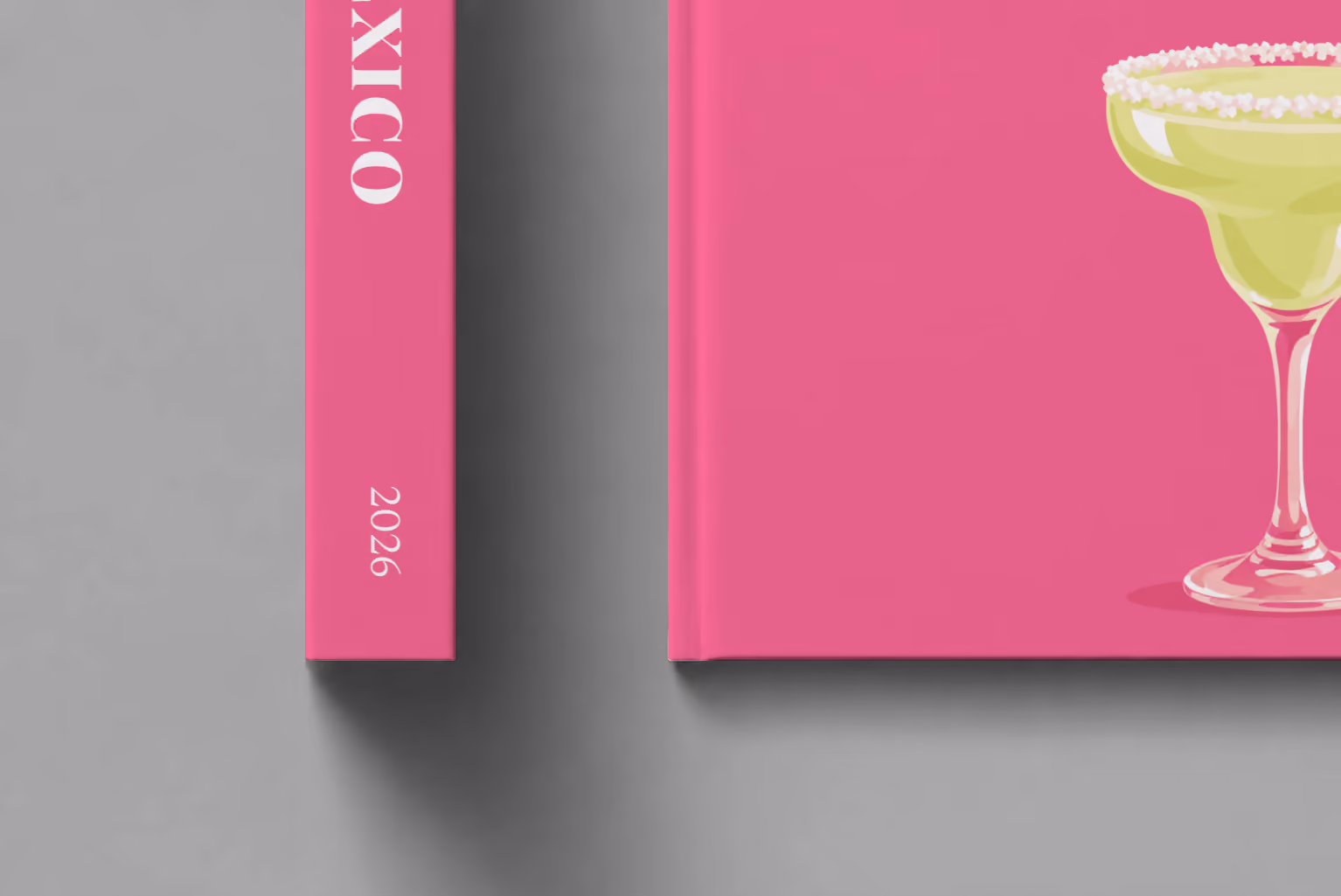 Mexico hardcover photo book with the illustrated cover of a margarita with lime on hot pink, shown close up beside its spine on a pale grey studio surface