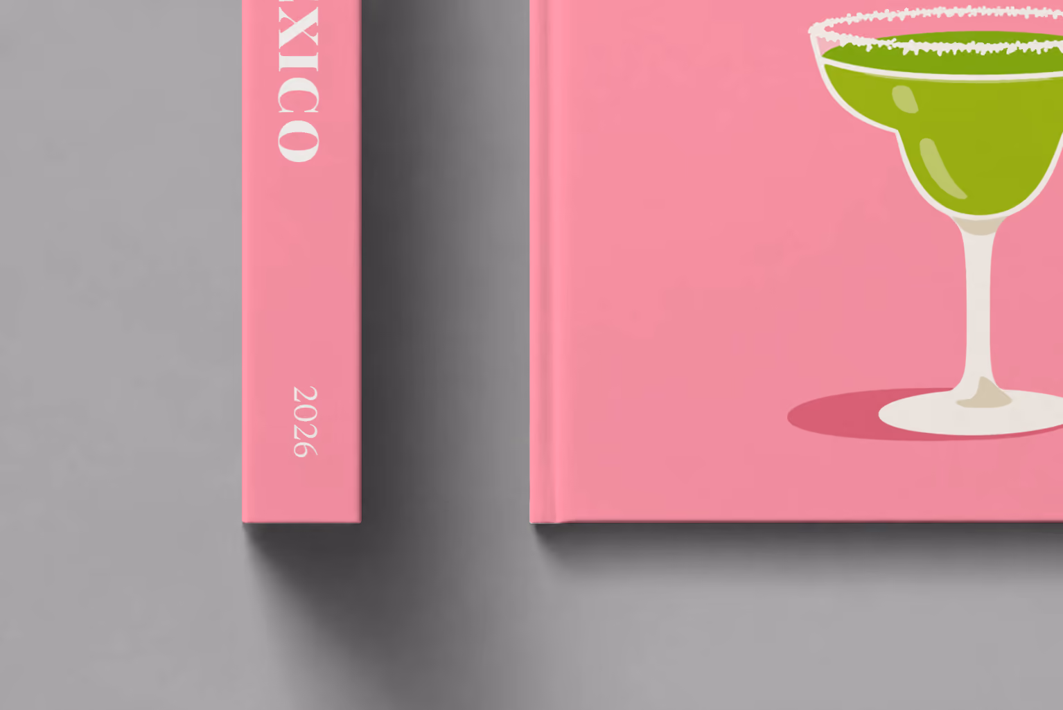 Mexico hardcover photo book with the illustrated cover of a margarita with lime on pink, shown close up beside its spine on a pale grey studio surface