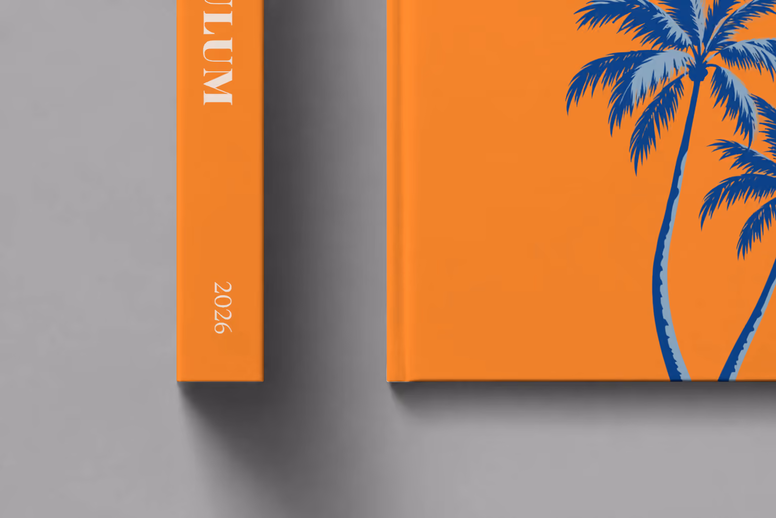 Mexico hardcover photo book with the Tulum illustrated cover of palm trees on orange, shown close up beside its spine on a pale grey studio surface