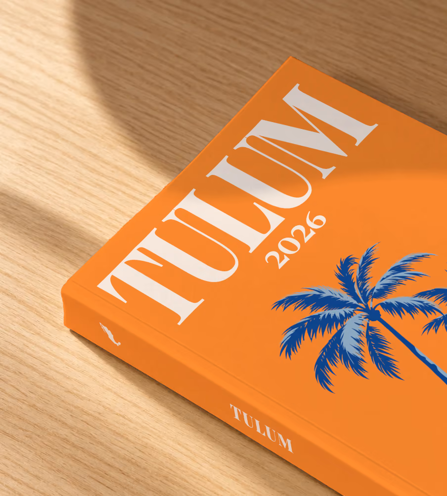 Mexico softcover photo book with the Tulum illustrated cover of palm trees on orange, lying on an oak desk in dappled afternoon sunlight