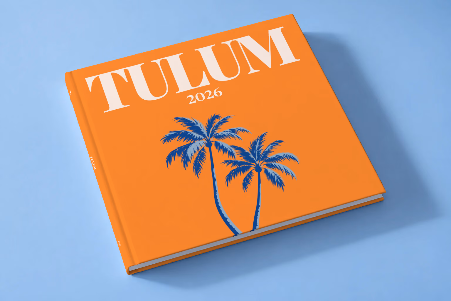 Mexico square hardcover photo book with the Tulum illustrated cover of palm trees on orange, lying on a pale blue studio backdrop