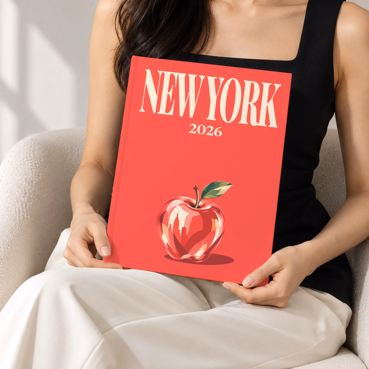 New York hardcover photo book with the illustrated cover of a red apple on red, held upright in two hands by a woman in a black top, sitting in a cream boucle armchair