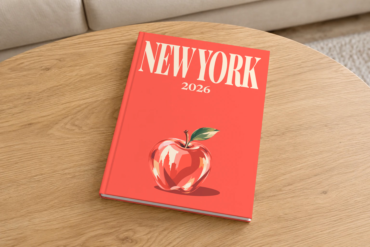 New York hardcover photo book with the illustrated cover of a red apple on red, on a round oak coffee table in a bright living room