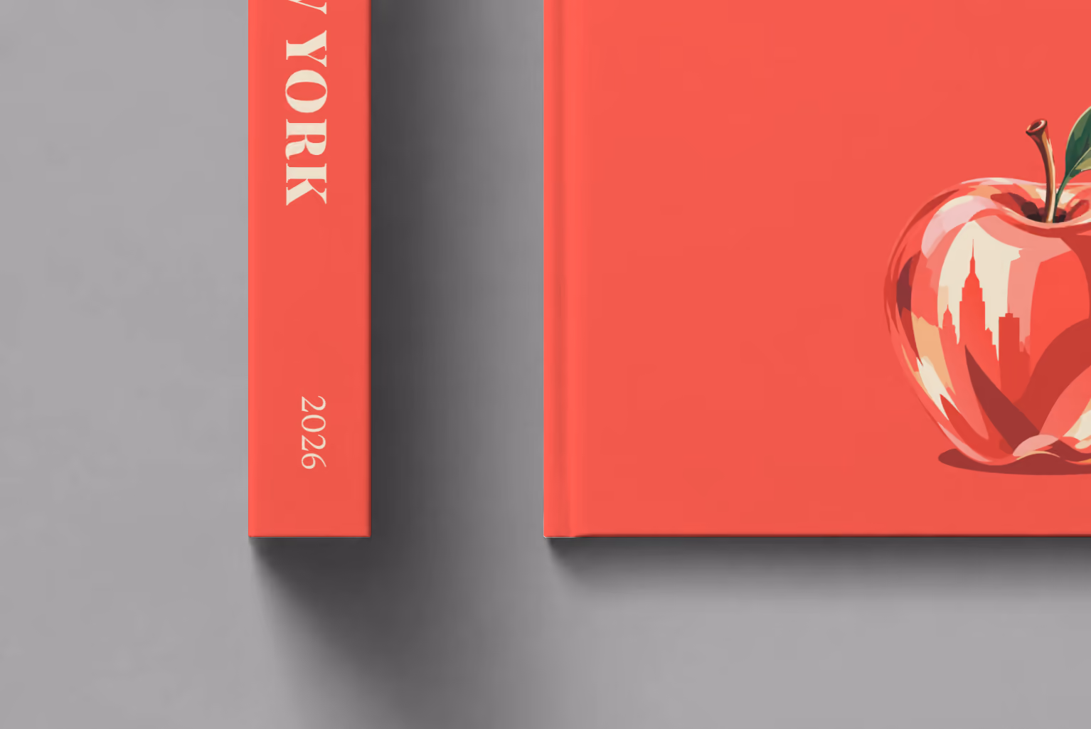 New York hardcover photo book with the illustrated cover of a red apple on red, shown close up beside its spine on a pale grey studio surface