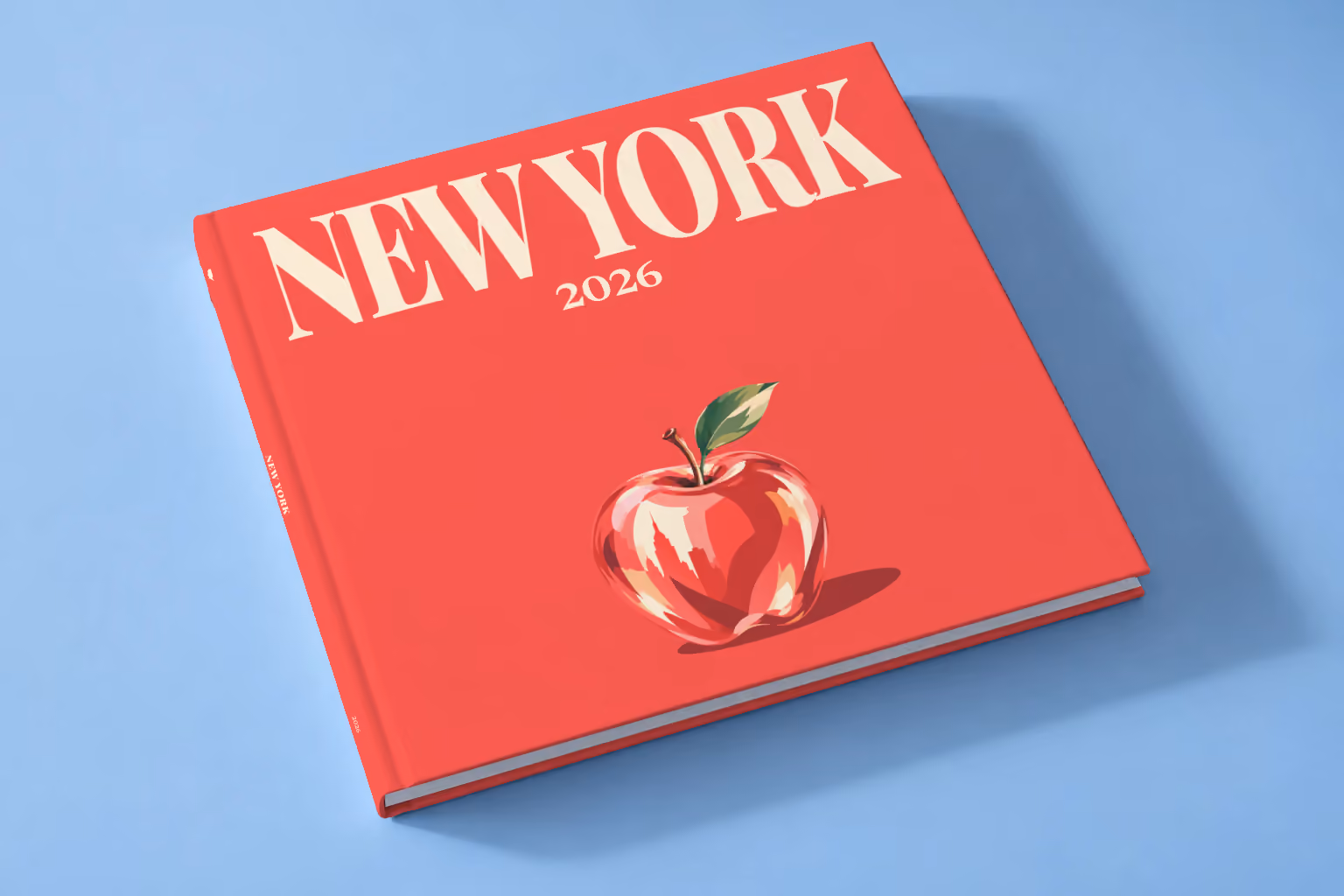 New York square hardcover photo book with the illustrated cover of a red apple on red, lying on a pale blue studio backdrop