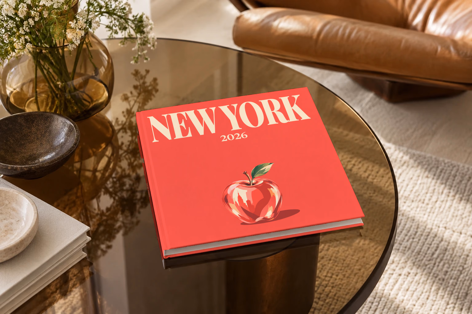 New York square hardcover photo book with the illustrated cover of a red apple on red, on a smoked glass coffee table beside a leather armchair in warm afternoon light