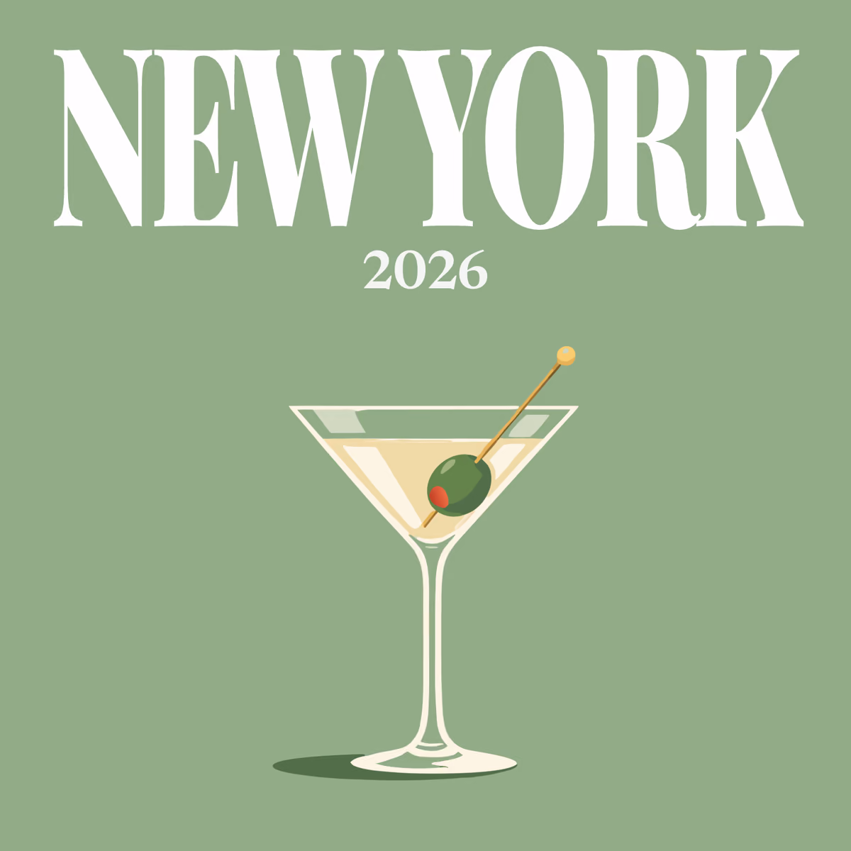 New York illustrated square photo book cover with a martini with an olive on sage green