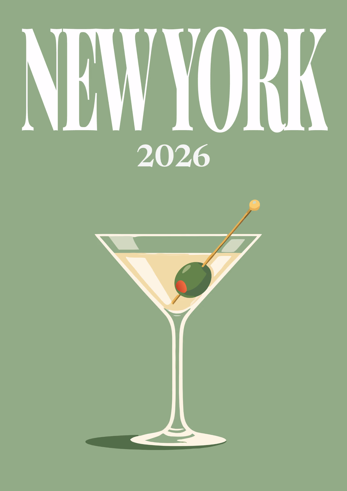 New York illustrated travel photo book cover with a martini with an olive on sage green