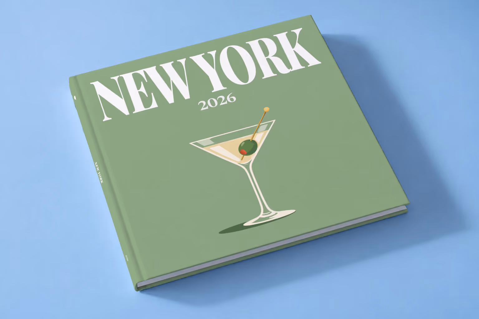 New York square hardcover photo book with the illustrated cover of a martini with an olive on sage green, lying on a pale blue studio backdrop