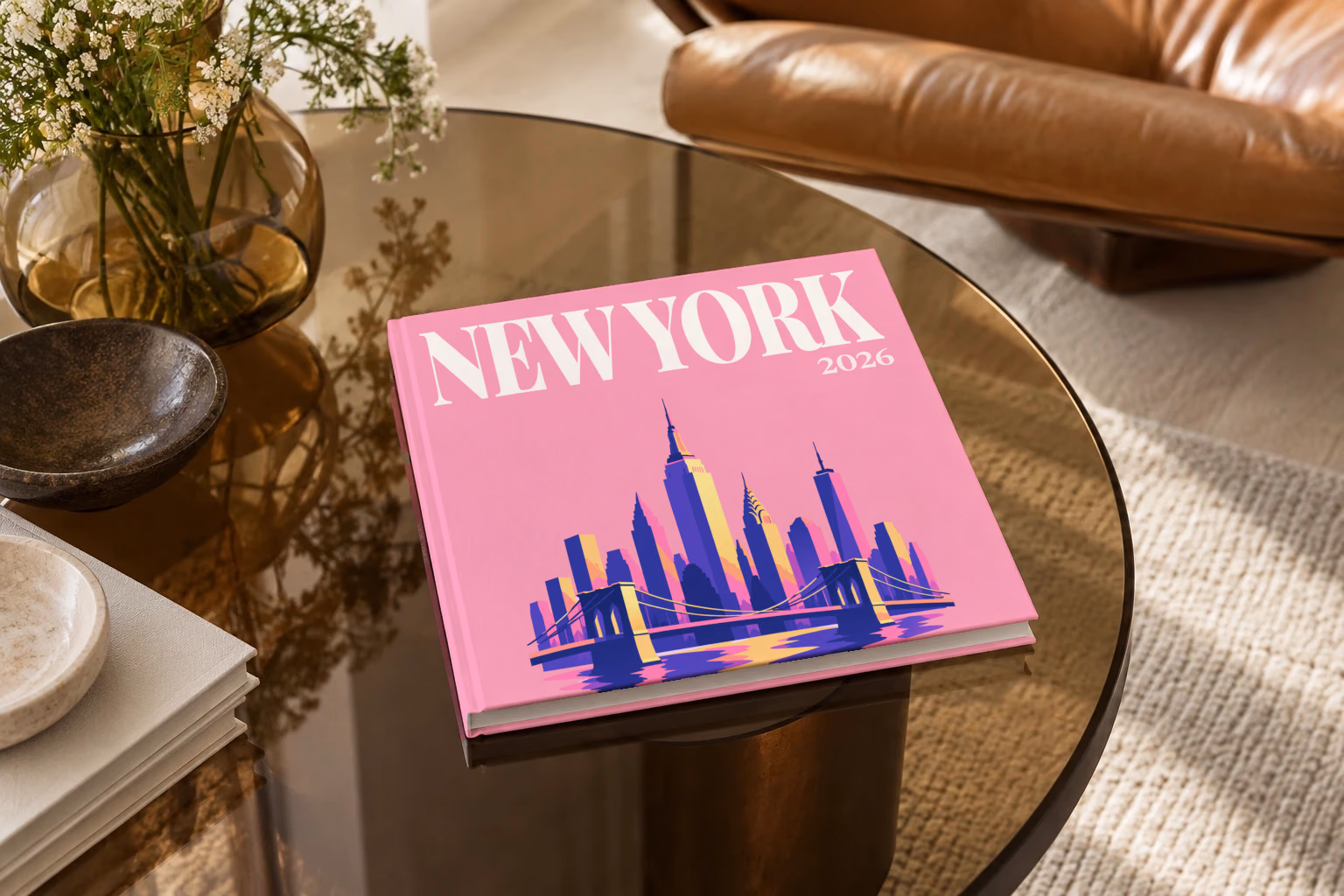 New York square hardcover photo book with the illustrated cover of the Manhattan skyline and Brooklyn Bridge on pink, on a smoked glass coffee table beside a leather armchair in warm afternoon light