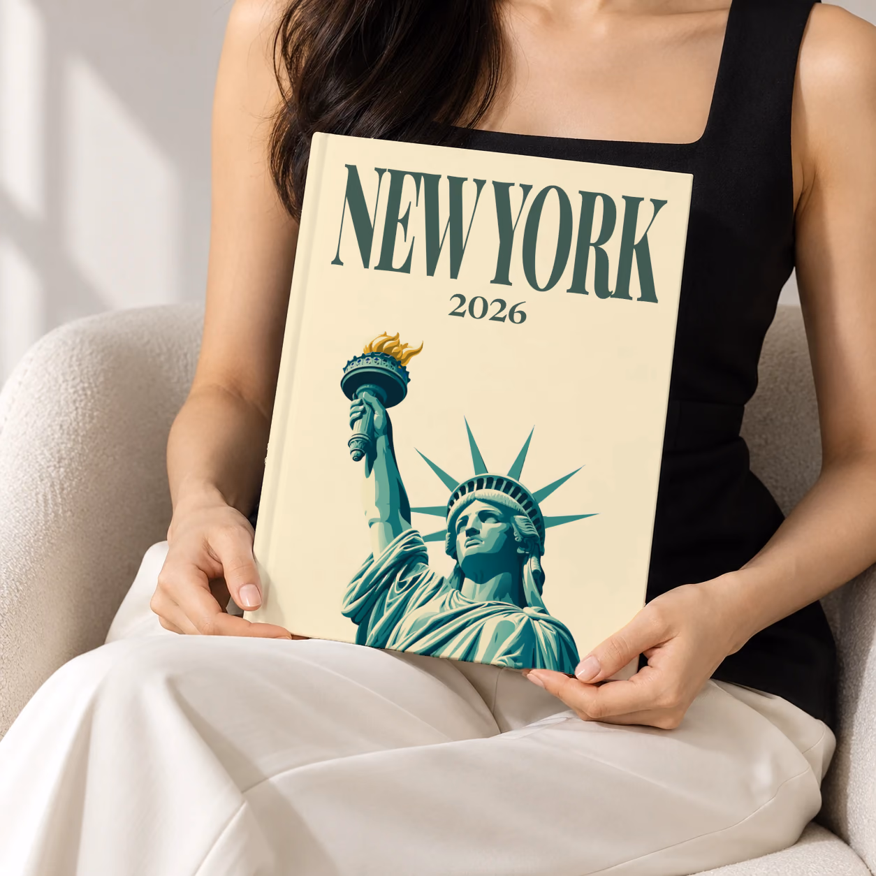 New York hardcover photo book with the illustrated cover of the Statue of Liberty on cream, held upright in two hands by a woman in a black top, sitting in a cream boucle armchair