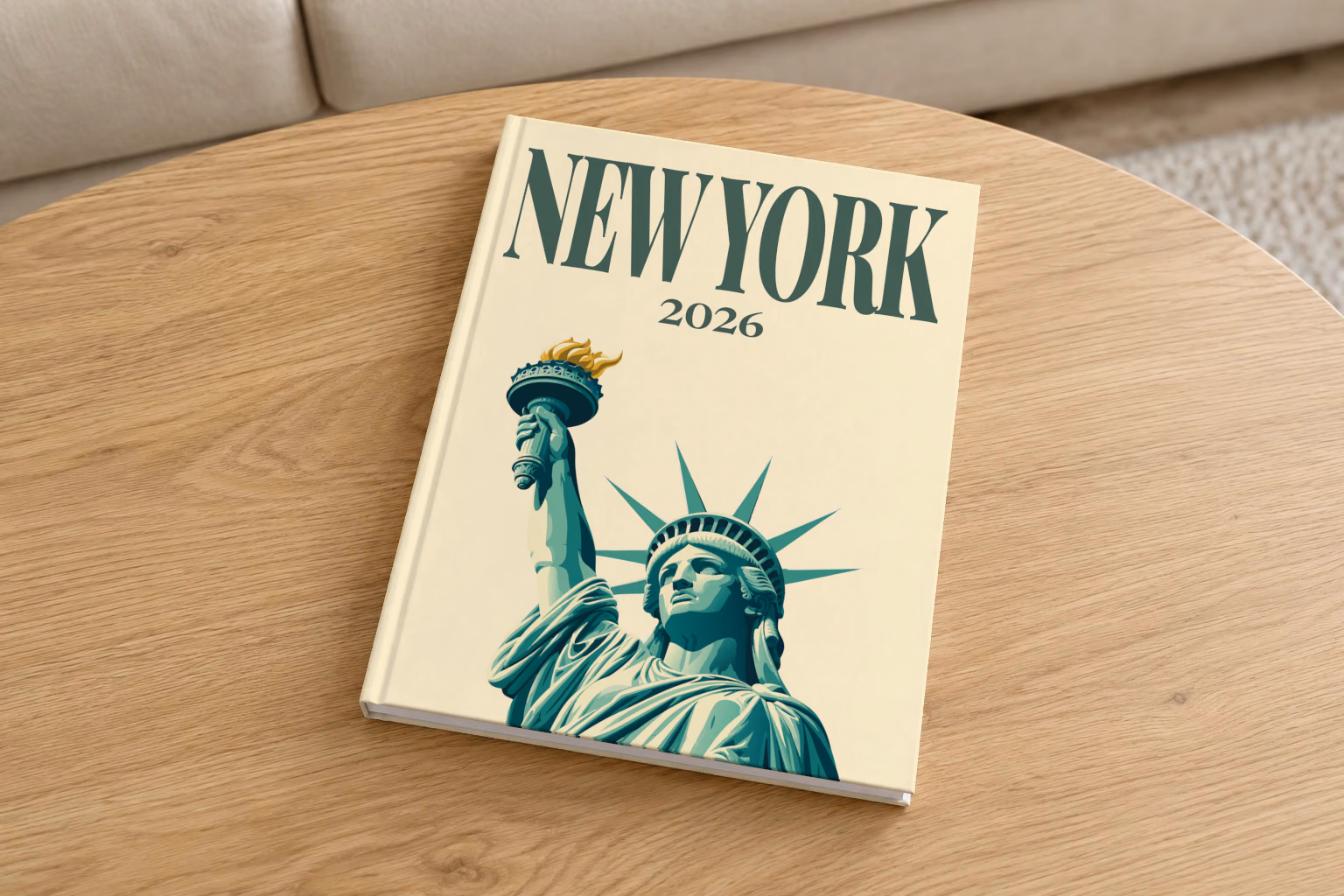New York hardcover photo book with the illustrated cover of the Statue of Liberty on cream, on a round oak coffee table in a bright living room