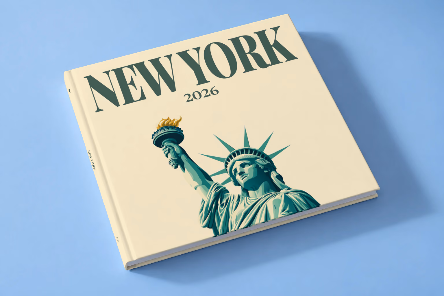 New York square hardcover photo book with the illustrated cover of the Statue of Liberty on cream, lying on a pale blue studio backdrop