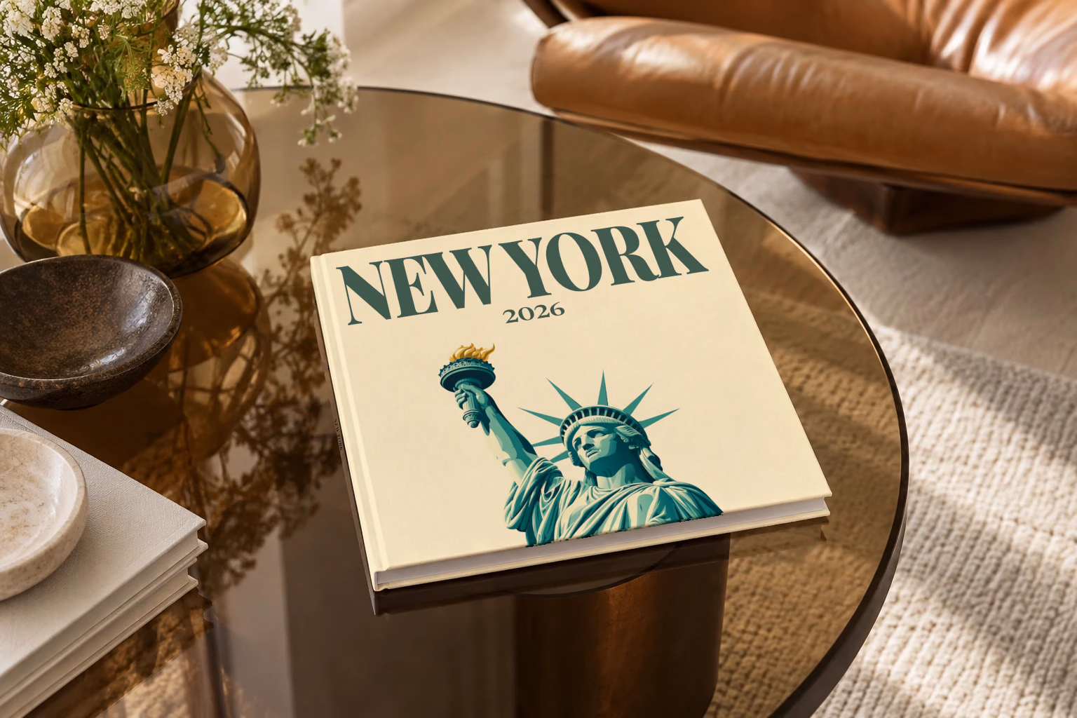 New York square hardcover photo book with the illustrated cover of the Statue of Liberty on cream, on a smoked glass coffee table beside a leather armchair in warm afternoon light
