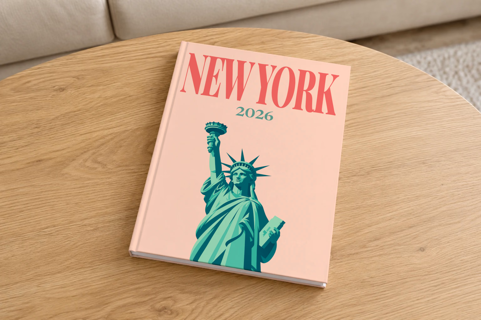 New York hardcover photo book with the illustrated cover of the Statue of Liberty on peach, on a round oak coffee table in a bright living room