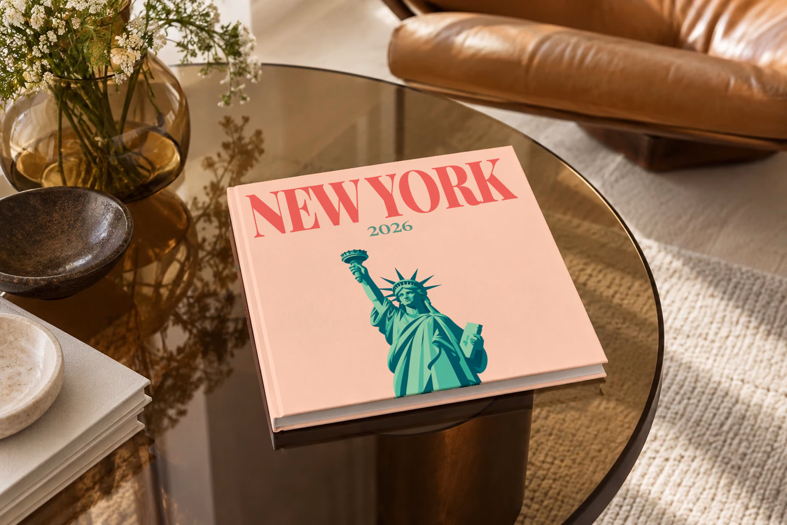 New York square hardcover photo book with the illustrated cover of the Statue of Liberty on peach, on a smoked glass coffee table beside a leather armchair in warm afternoon light