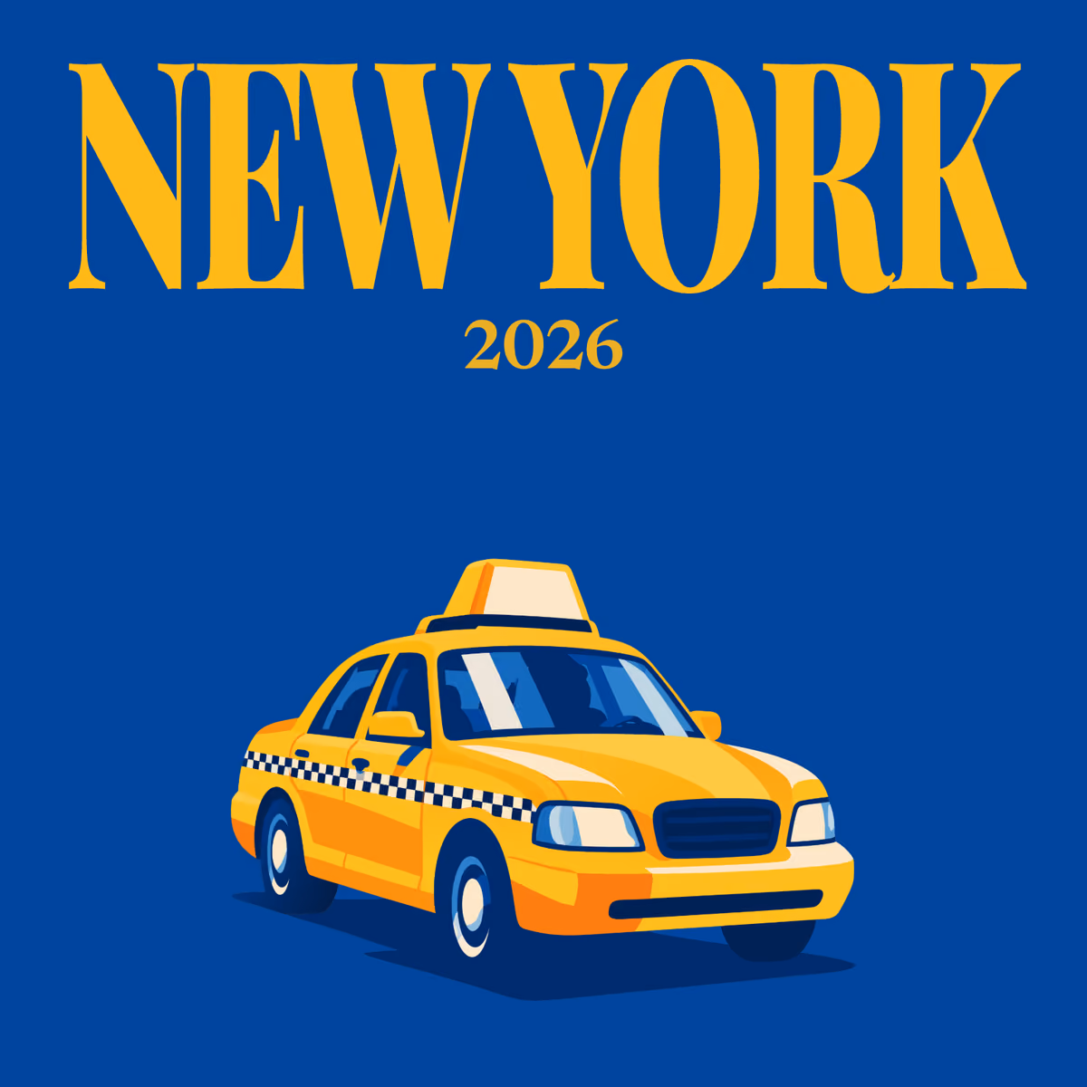 New York illustrated square photo book cover with a yellow taxi on royal blue