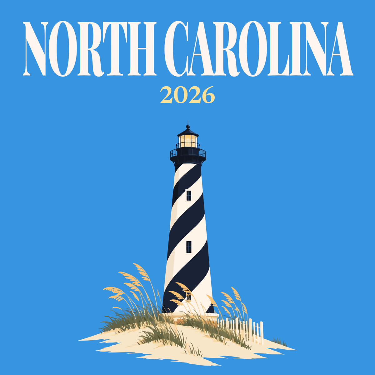 North Carolina illustrated square photo book cover with the black and white spiral Cape Hatteras Lighthouse on the dunes on blue