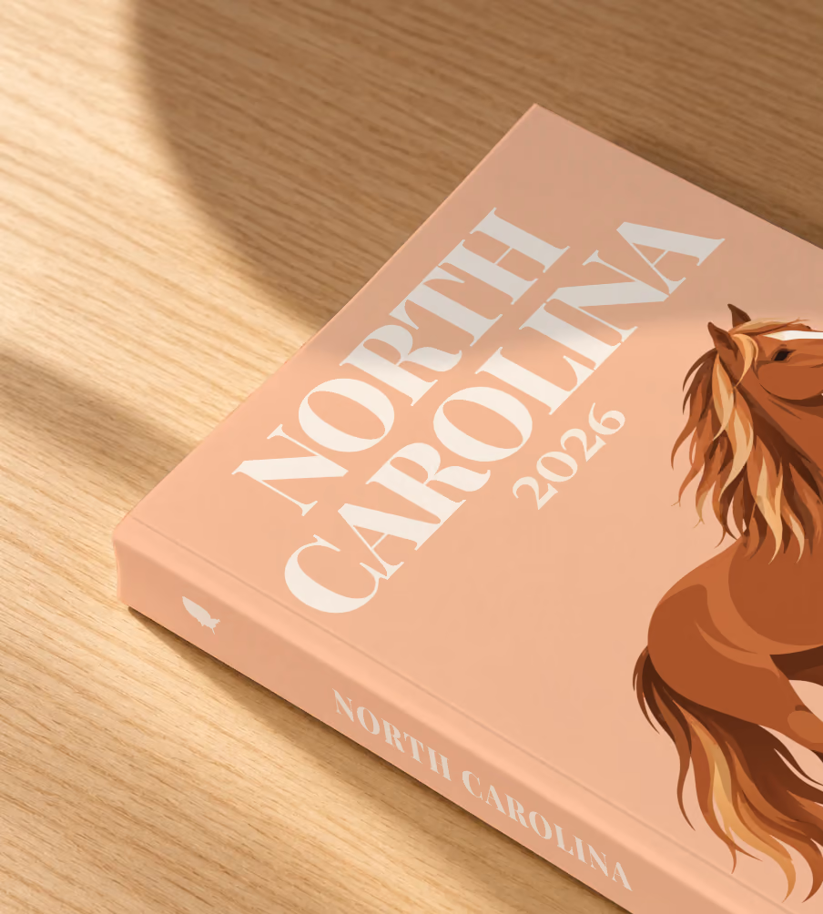 North Carolina softcover photo book with the illustrated cover of a wild Outer Banks horse on peach, lying on an oak desk in dappled afternoon sunlight