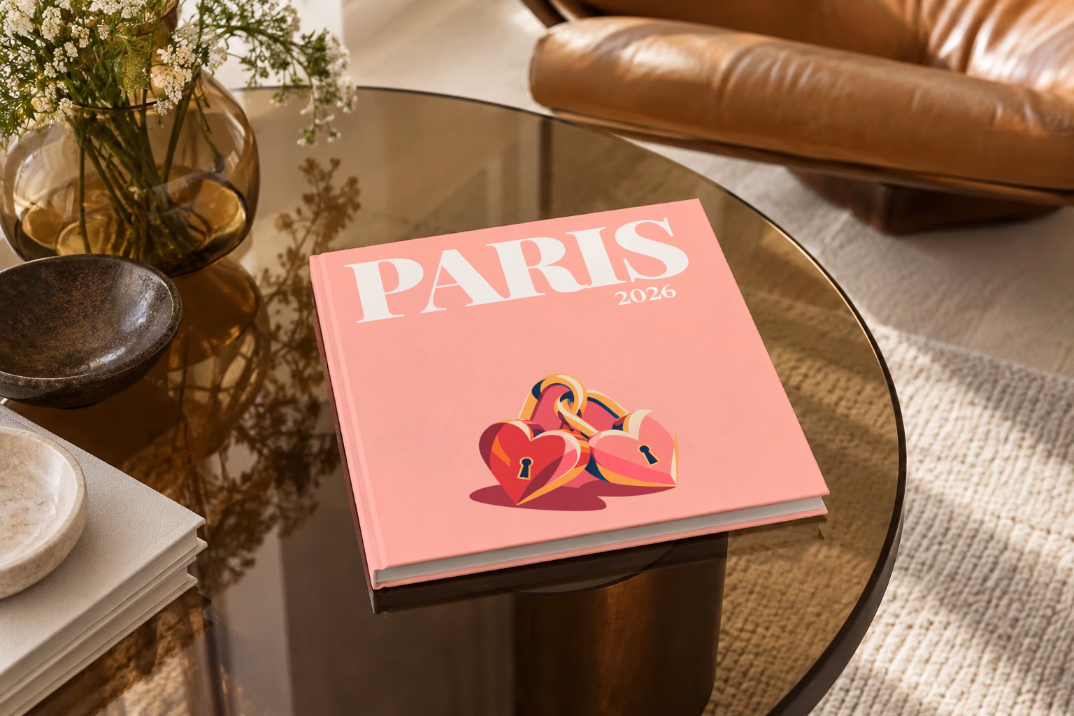 Paris square hardcover photo book with the illustrated cover of heart-shaped love locks on salmon pink, on a smoked glass coffee table beside a leather armchair in warm afternoon light